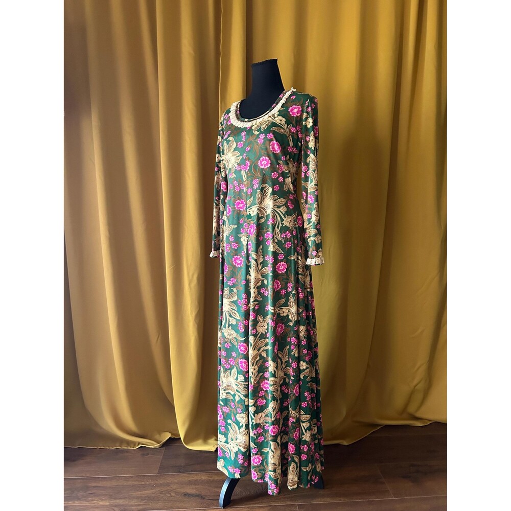 Vintage 1960s Floral Maxi Dress, Lace Trim, Boho Cottagecore Style, Size Large - Picture 2 of 7